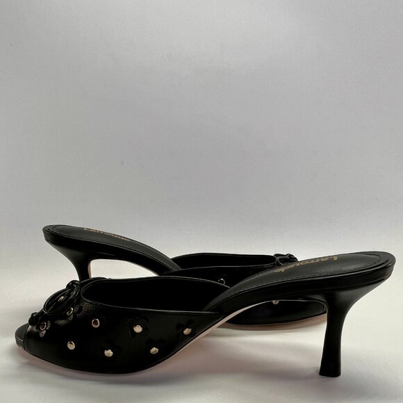 Larroude Jasmine Black Studded Leather Mule Size 8 Peep Toe Heel Slip-On - Picture 11 of 16